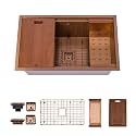 Strictly Sinks Undermount Workstation Kitchen Sink – 32 Inch 16 Gauge Embossed Wave Texture Copper Kitchen Sink with Grid, Wooden Cutting Board, Colander, 1 Strainer Drain &amp; 1 Garbage Disposal Adapter