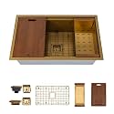 Strictly Sinks Undermount Workstation Kitchen Sink – 32 Inch 16 Gauge Embossed Leather Texture Gold Kitchen Sink with Grid, Wood Cutting Board, Colander, 1 Strainer Drain &amp; 1 Garbage Disposal Adapter