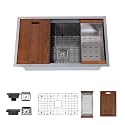 Strictly Sinks Undermount Workstation Kitchen Sink – 32 Inch 16 Gauge Embossed Leather Texture Silver Kitchen Sink with Grid, Wood Cutting Board, Colander,1 Strainer Drain &amp; 1 Garbage Disposal Adapter