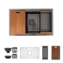 Strictly Sinks Undermount Workstation Kitchen Sink – 32 Inch 16 Gauge Embossed Hexagon Texture Black Kitchen Sink with Grid, Wood Cutting Board, Colander, 1 Strainer Drain &amp; 1 Garbage Disposal Adapter