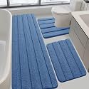 Striped Bathroom Rugs Sets 3 Piece, Ultra Soft Plush Fluffy Microfiber Absorbent Bath Mat, Non-Slip Backing, Machine Washable Bath Mats for Bathroom Floor, Tub, Toilet and Shower, Home Decor, Blue