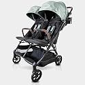 Strolee Lightweight Double Side by Side Stroller for Travel - 22 Lbs, 9.5" Compact Fold, Infant to Toddler, No Rethread Harness, Magnetic Buckle &amp; Ultra Plush Seat 60Lb Max Per Seat- (v2 Sage)