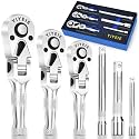 YIYEIE Stubby Flex Head Ratchet Set, 6PCS Stubby Ratchet Set 1/4 3/8 1/2 inch with 3 Extension Bars, 72 Tooth Reversible &amp; Quick-Release, 180° Swivel Head Mini Handle with EVA Foam