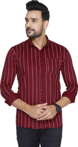 Studio-9 Men Striped Casual Maroon Shirt