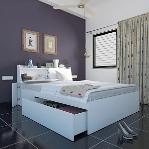 studio kook aztec left headboard storage engineered wood queen bed with 1 drawer on left finish color - moonshine white matte finish