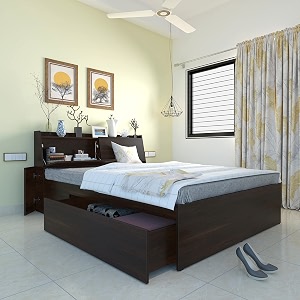 studio kook aztec left headboard storage engineered wood queen bed with one drawer on left finish color - junglewood matte finish