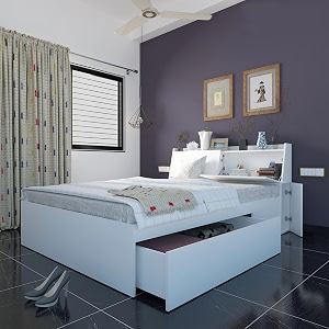 studio kook aztec right headboard storage engineered wood queen bed with 1 drawer on right finish color - moonshine white matte finish