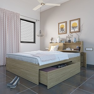 studio kook aztec right headboard storage engineered wood queen bed with one drawer on right finish color - light teak matte finish