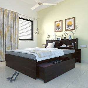 studio kook aztec right headboard storage engineered wood queen bed with 1 drawer on right finish color - junglewood matte finish