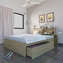 Studio Kook Aztec Right Headboard Storage Engineered Wood Queen Bed with one Drawer on Right (Finish Color - Light Teak, Matte Finish)