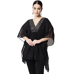 studio rasa Womens Georgette Sequin Embroidered Yoke