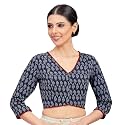 Studio Shringaar Women's Cotton 3/4 Sleeves Block Printed Cotton V Neck Saree Blouse