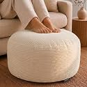 Stuffed Pouf Ottoman,Corduroy Foot Rest,Cream White,28 Inch