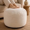Stuffed Pouf Ottoman,Corduroy Foot Rest,Cream White,24 Inch