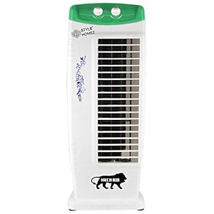 style homez tower fan with 25 feet air delivery high speed swing amp anti rust body green white color