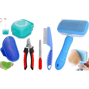 style keepers 5-in-1 pet grooming kit for dogs amp cats  includes self cleaning brush cat comb silicone bath scrubber flea comb amp nail clipper  grooming tools for all hair types  dog brush kit