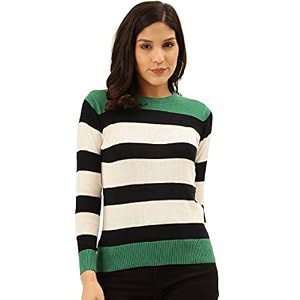 Style Quotient Womens Green Striped Regular Sweaters