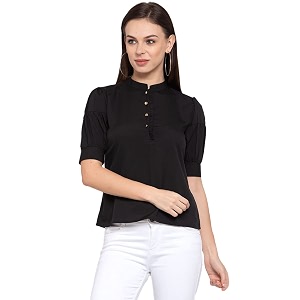 Style Quotient Womens Black Solid Puff Sleeves