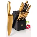 Styled Settings Gold Knife Set with Block and Built-In Sharpener, 14-Piece