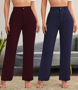 stylefabs pack of 2 women regular fit pink cotton blend trousers