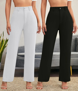stylefabs pack of 2 women regular fit black cotton blend trousers