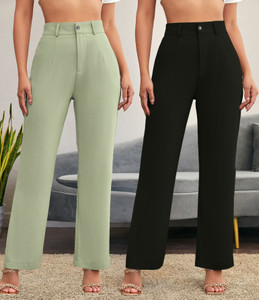 stylefabs women regular fit black cotton blend trousers