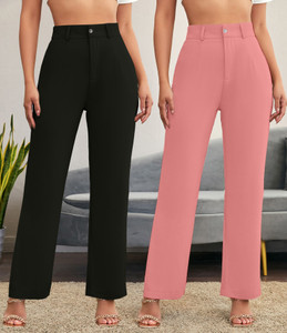 stylefabs pack of 2 women regular fit black cotton blend trousers
