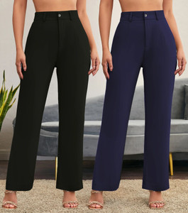 stylefabs women regular fit black cotton blend trousers