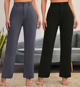 stylefabs pack of 2 women regular fit black cotton blend trousers