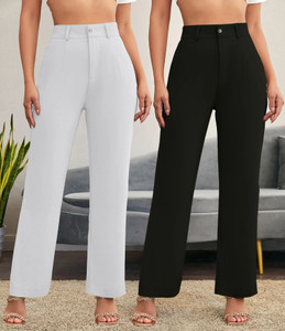stylefabs pack of 2 women regular fit black cotton blend trousers