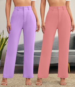 stylefabs pack of 2 women regular fit pink cotton blend trousers