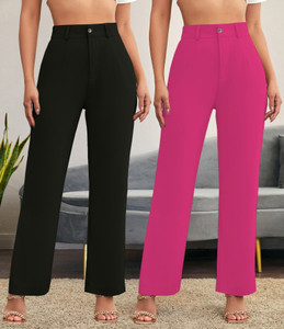 stylefabs pack of 2 women regular fit black cotton blend trousers