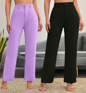 stylefabs women regular fit black cotton blend trousers