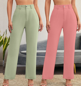 stylefabs pack of 2 women regular fit pink cotton blend trousers