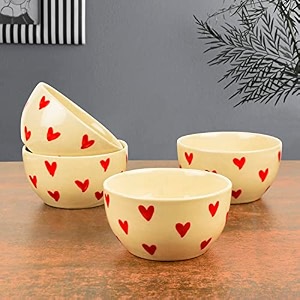 stylemyway hand painted ceramic dining bowls set of 4 350 ml each off white amp red  vegetable amp dessert serving bowls  katoris