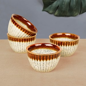 stylemyway studio pottery ribbed ceramic dining bowls set of 4 350 ml each off white amp brown  vegetable amp dessert serving bowls  katoris