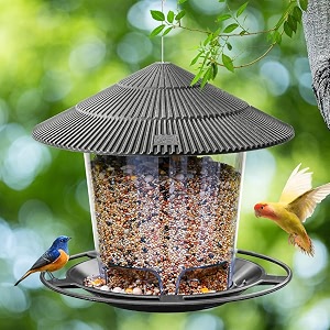 stylex store hanging bird feeder for outdoors weatherproof wild bird seed feeder with rainproof roof large capacity transparent seed container easy fill clean patio amp backyard bird feeder grey