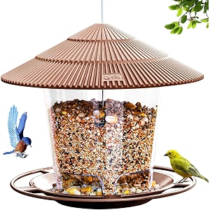 stylex store hanging bird feeder for outdoors weatherproof wild bird seed feeder with rainproof roof large capacity transparent seed container easy fill clean patio amp backyard bird feeder brown