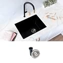 Stylish 25 x 18 Inch Laundry Sink Single Bowl 12 Inch Deep 15 mm Radius Cornes Granite Drop In or Undermount Sink with Regular Strainer Black, S-825N