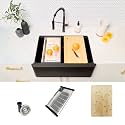 Stylish 30 x 21 Inch Farmhouse Composite Granite Apron Front Workstation Kitchen Sink, Single Bowl Undermount/Flush-Mount, 10 in Deep, with Cutting Board, Colander &amp; Strainer, Black, S-830WN