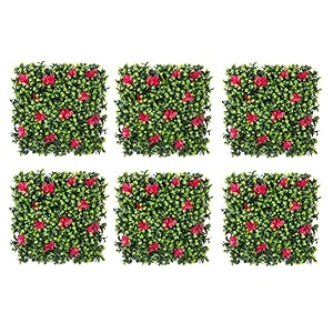 artificial grass for wall decoration 6 pcs plastic grass mat vertical garden artificial wall plants grass tiles lemon green with large red flowers 50cm x 50cm x 5cm pack of 6