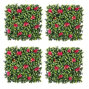 artificial grass for wall decoration 4 pcs plastic grass mat vertical garden artificial wall plants grass tiles lemon green with large red flowers 50cm x 50cm x 5cm pack of 4
