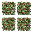 Artificial Grass for Wall Decoration (4 Pcs); Plastic Grass Mat; Vertical Garden Artificial Wall Plants; Grass Tiles (Lemon Green with Large Red Flowers; 50cm X 50cm X 5cm; Pack of 4)