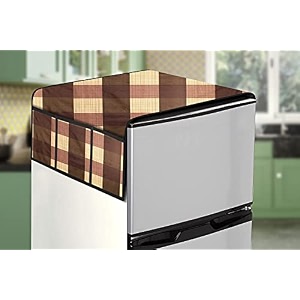stylista refridgerator top cover suitable for haier hed-171rs-p 165 liter fridge dimension wxd 65x111 cm gingham pattern beige