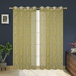 polyester floral print net sheer curtains for living room bedroom 6 feet long green set of 2