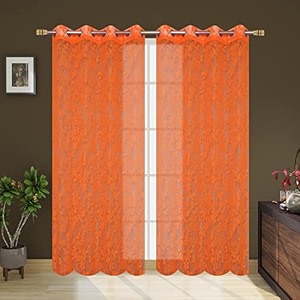 polyester floral print net sheer curtains for living room bedroom 12 feet long orange set of 2