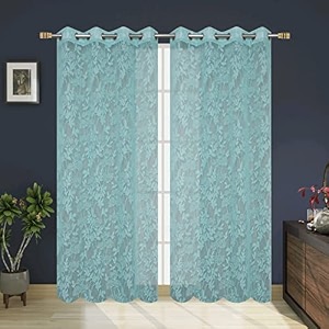 polyester floral print net sheer curtains for living room bedroom 10 feet long aqua set of 2