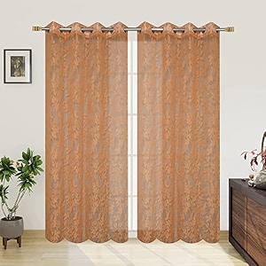 polyester floral print net sheer curtains for living room bedroom 11 feet long brown set of 2