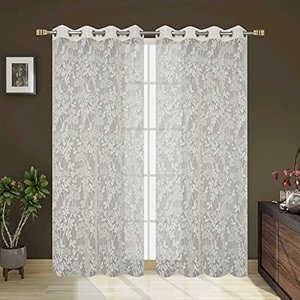 polyester floral print net sheer curtains for living room bedroom 8 feet long cream set of 2