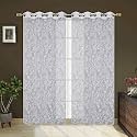 Polyester Floral Print Net Sheer Curtains for Living Room Bedroom, 6 feet Long, White, Set of 2